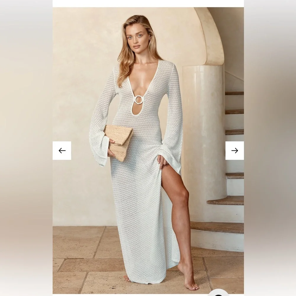 Monday Swimwear Cream Knit Maxi Coverup with Front Ring Keyhole